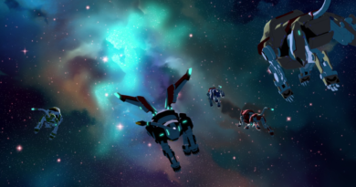 The post-credit nebula scene of VLD, with the five Voltron lions flying away from the viewer toward glowing nebulae shaped like Allura (facing left) and Lotor (facing right).