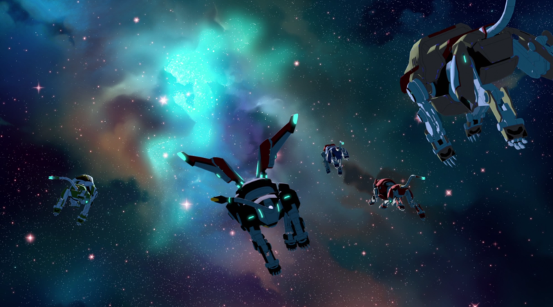 The post-credit nebula scene of VLD, with the five Voltron lions flying away from the viewer toward glowing nebulae shaped like Allura (facing left) and Lotor (facing right).