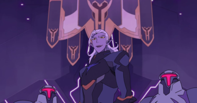Emperor Lotor stands before a series of banners displaying the symbol of the newfound alliance between the Empire and Voltron