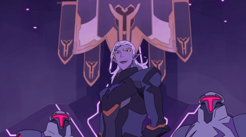 Emperor Lotor stands before a series of banners displaying the symbol of the newfound alliance between the Empire and Voltron