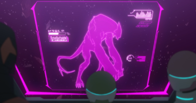 A screenshot of VLD "Prisoner's Dilemma", with Pidge, Allura, and Lahn looking at a purple screen with a scan of Ranveig's Creature.