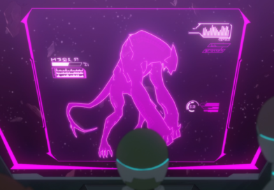 A screenshot of VLD "Prisoner's Dilemma", with Pidge, Allura, and Lahn looking at a purple screen with a scan of Ranveig's Creature.