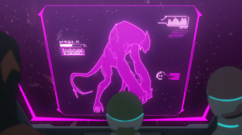 A screenshot of VLD "Prisoner's Dilemma", with Pidge, Allura, and Lahn looking at a purple screen with a scan of Ranveig's Creature.